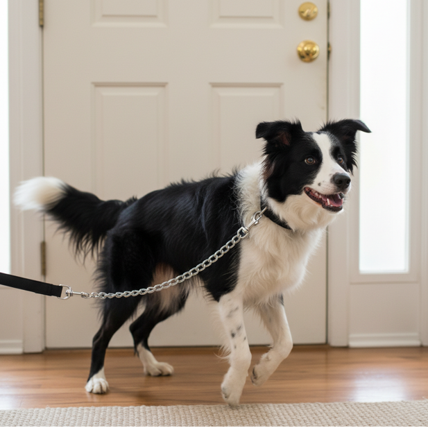 border collier laisse chien en chaîne métallique prépare balade