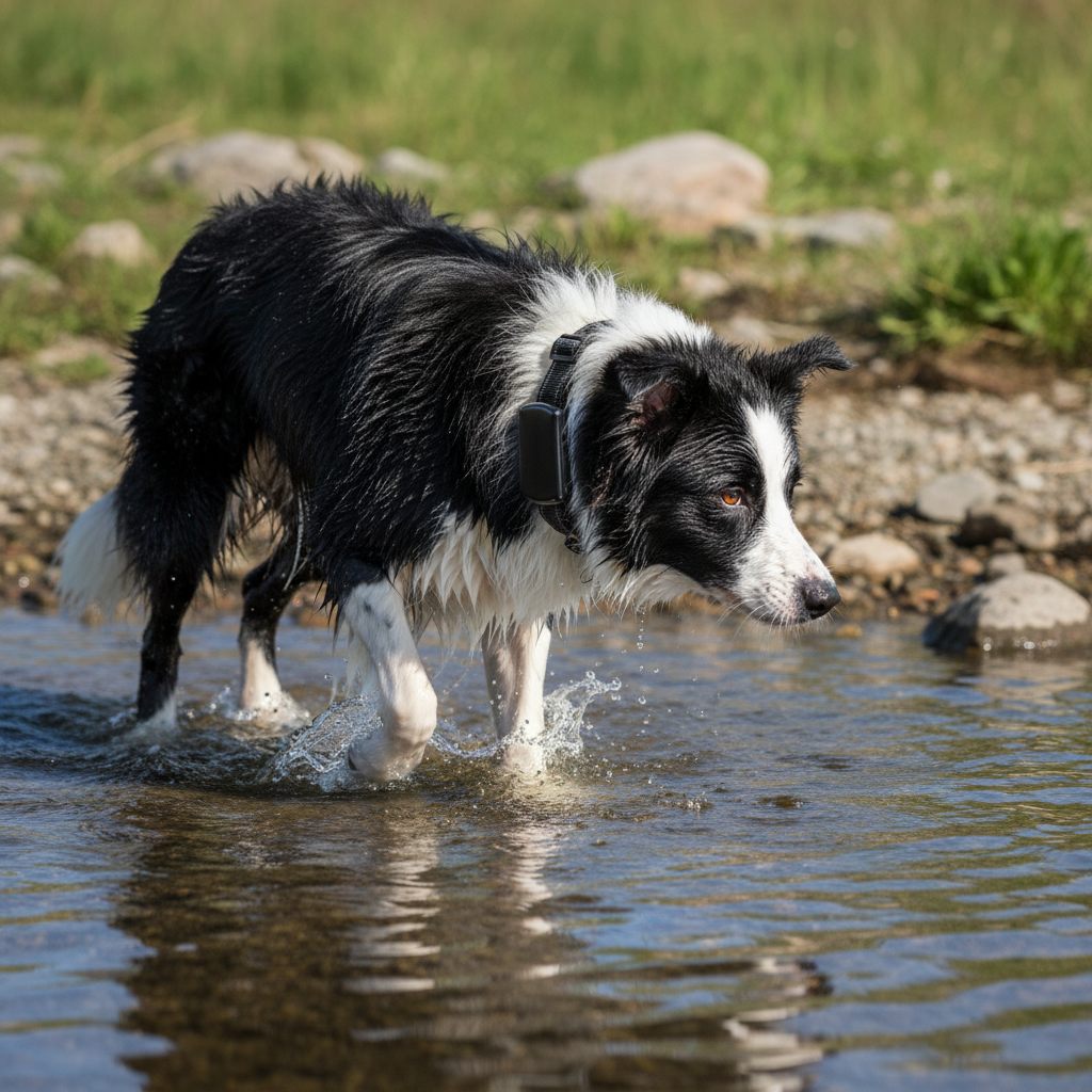 border collier patte dans eau porte collier gps chien