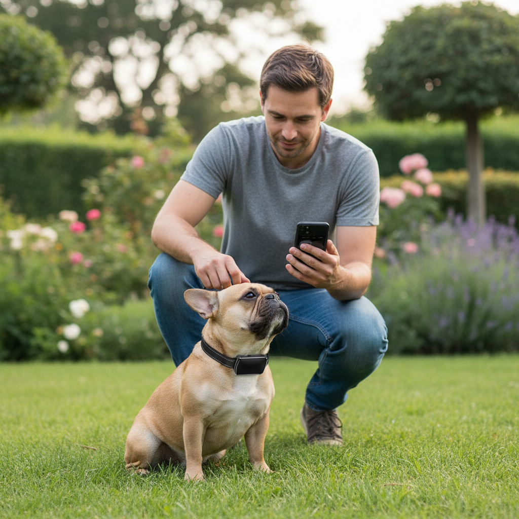 bouldogue francais jardin avec maitre collier gps chien
