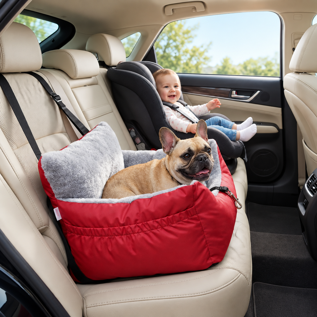 bouledogue français couché dans siège auto pour chiens rouge