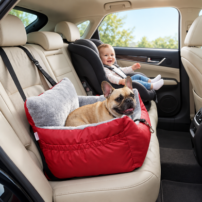 bouledogue français couché dans siège auto pour chiens rouge