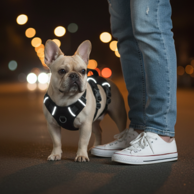 bouledogue français harnais chien randonnée réfléchissant nuit ville