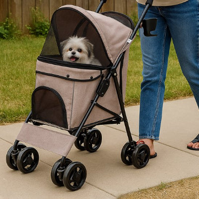  caniche relaxe dans poussette pour chien promenant arriere court