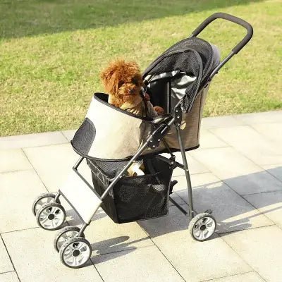 caniche roux installe dans poussette chien beige elegante