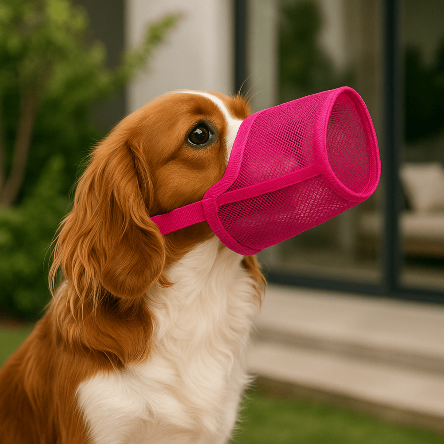 cavalier King Charles Spaniel portant muselière rose respirante
