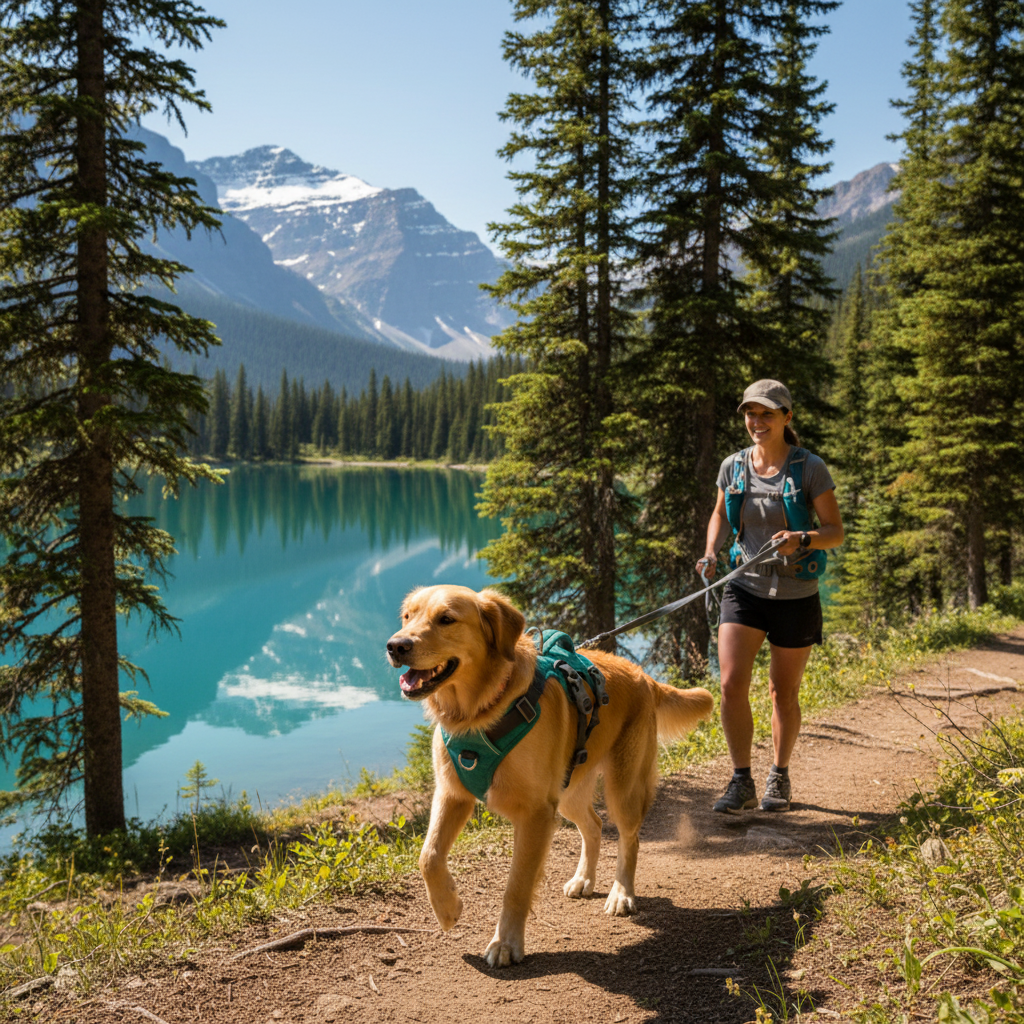 Chien avec harnais 6 boucles sur sentier lac