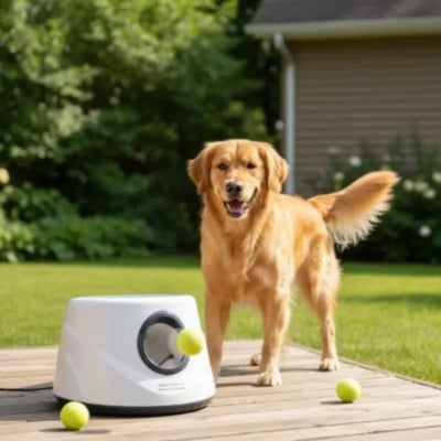 chien blond actif avec lanceur de balle pour chien jardin
