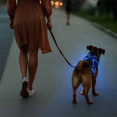 chien tenu laisse avec harnais lumineux led chien bleu
