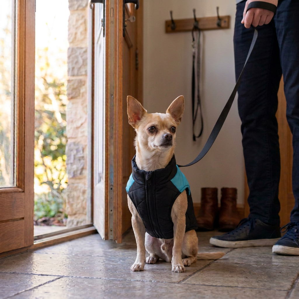 chihuahua en manteau chien hiver bleu assis avant la sortie
