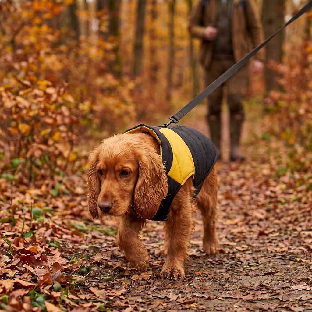 cocker en manteau chien hiver jaune avance sur sentier