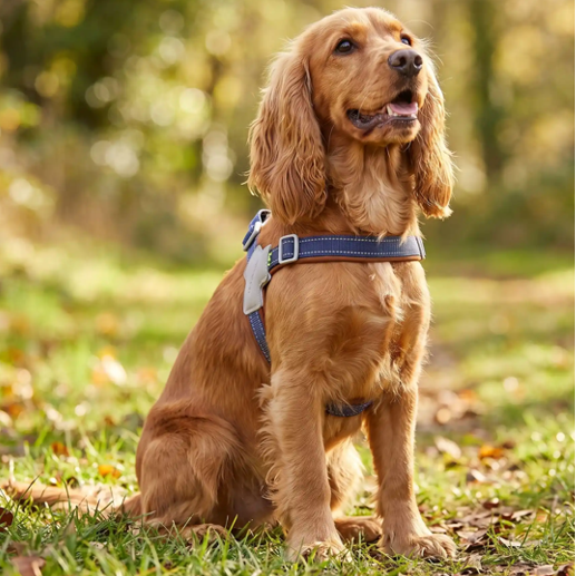 cocker spaniel anglais assis harnais en Y chien bleu 