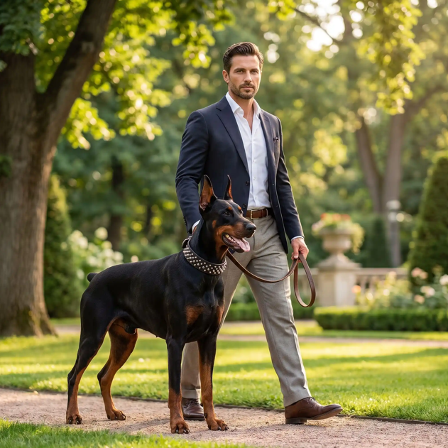 collier chien clouté cuir noir doberman extérieur avec maitre dans parc