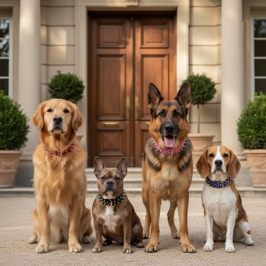 collier chien clouté cuir rouge golden retriever noir bouledogue français rose berger allemand bleu beagle devant villa