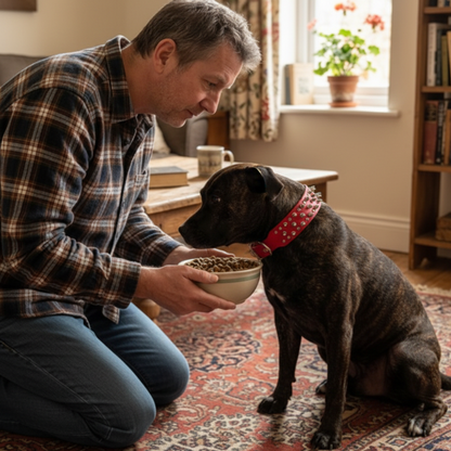 collier chien clouté cuir rouge sur staffie avec maitre mange salon