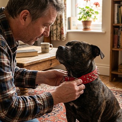 collier chien cloute cuir rouge sur staffie