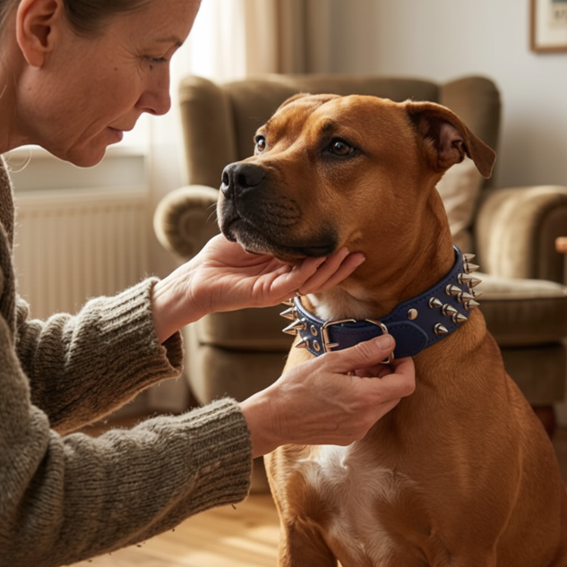 collier chien clouté cuir sur labrador salon