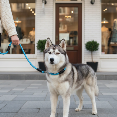 collier coulissant chien bleu husky devant boutique
