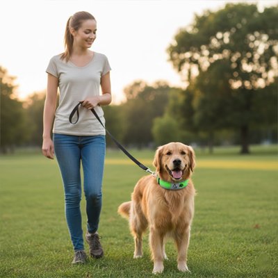 collier pour chien vert sur golden en promenade