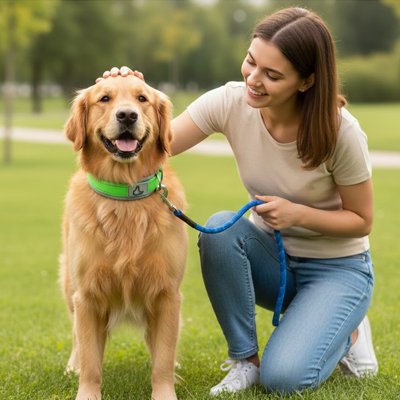 collier pour chien vert sur golden retriever heureux