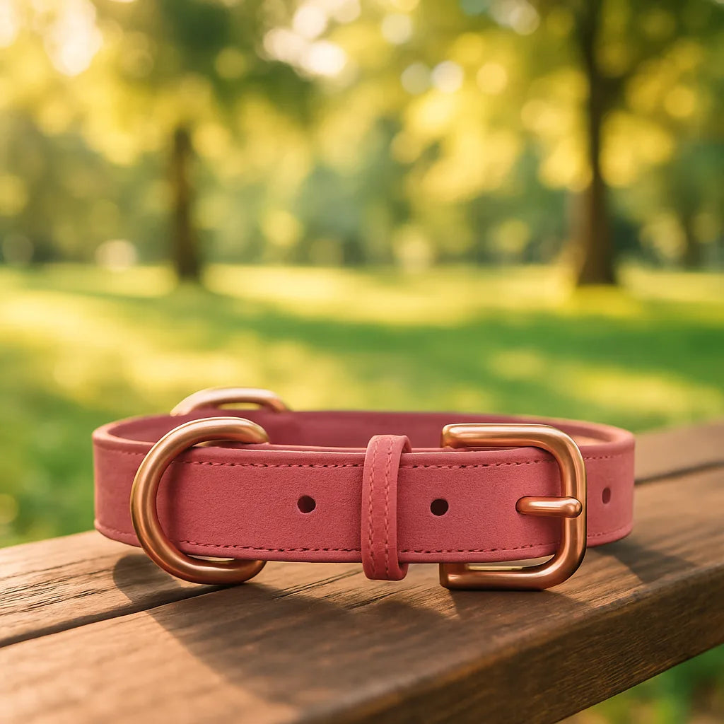collier rose en cuir sur un banc au parc
