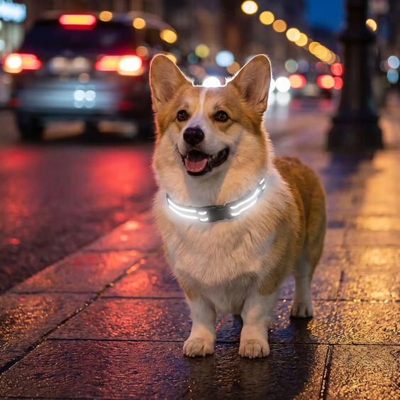 corgi avec collier pour chien réfléchissant sur trottoir nuit