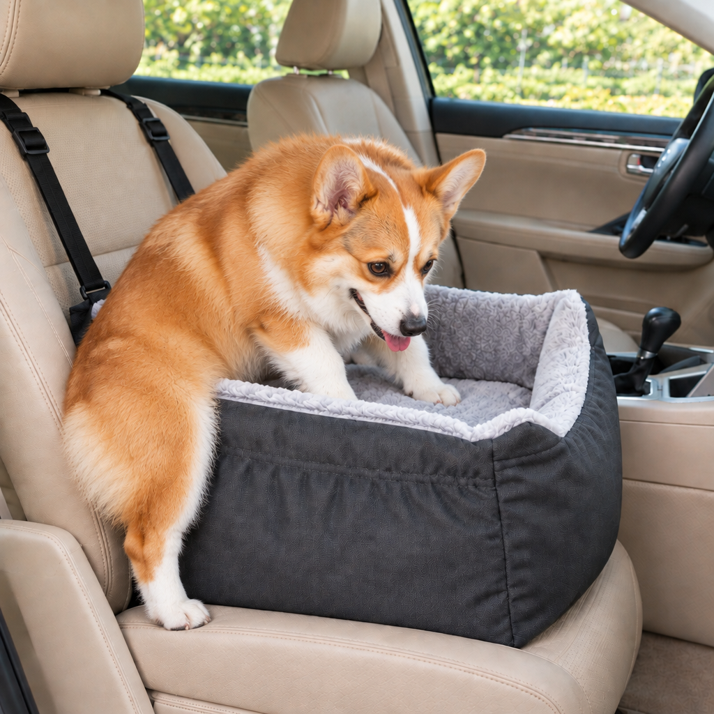 corgi découvrant siège auto pour chiens gris