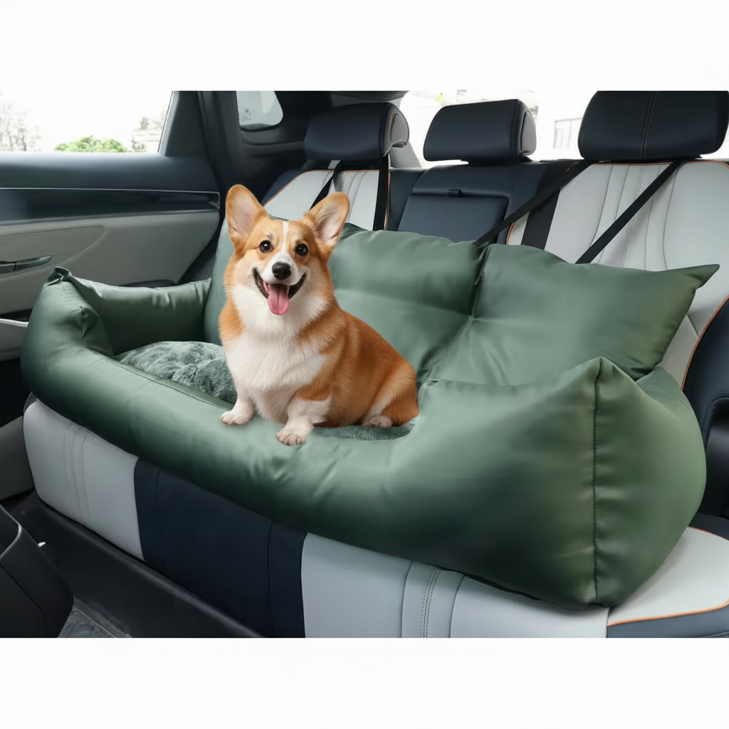 corgi heureux  siège auto pour chien vert