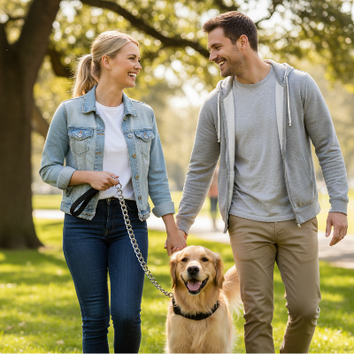 couple se promene avec une laisse de chien metallique robuste