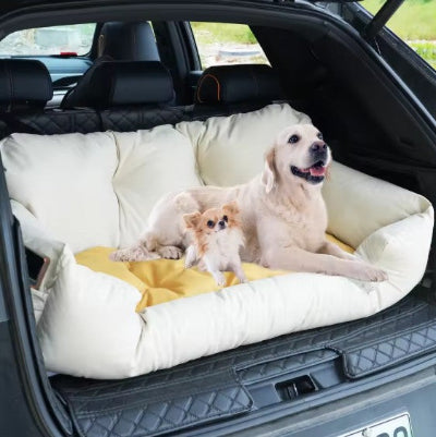 deux chiens dans siege auto pour chien beige coffre 