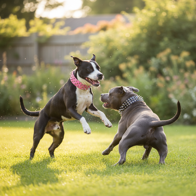 deux chiens collier chien clouté  cuir s'attaquent