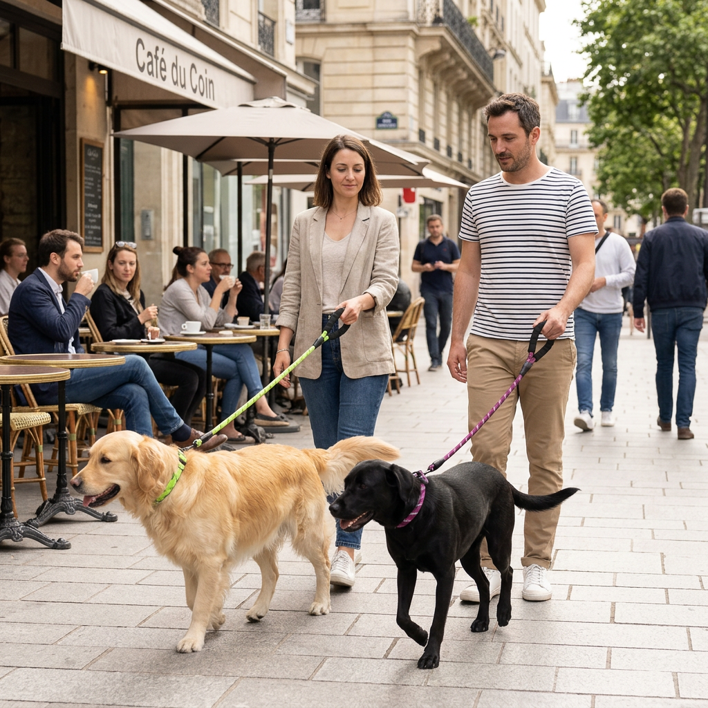 deux chiens près d'un café avec laisse chien verte et violet