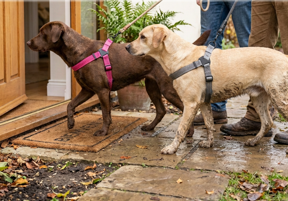 deux labradors boueux rentrant chez eux avec harnais en Y pour chien