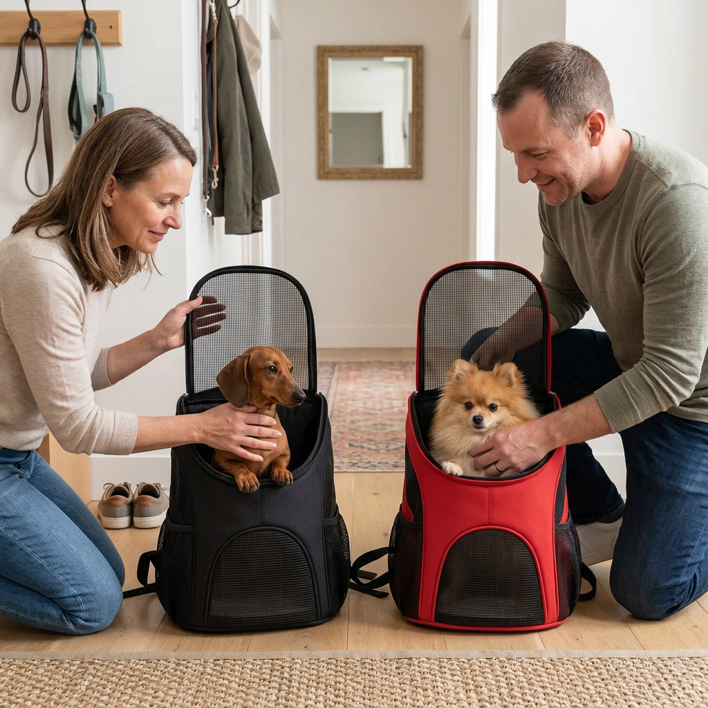 deux maitres mettent leurs compagnons dans sacs à dos chien 