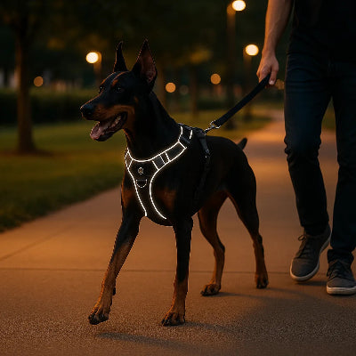 doberman avec harnais pour chien reflechissant sur trottoir