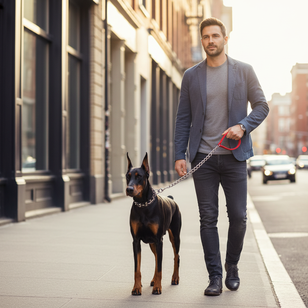 doberman laisse de chien en chaîne métallique trottoir