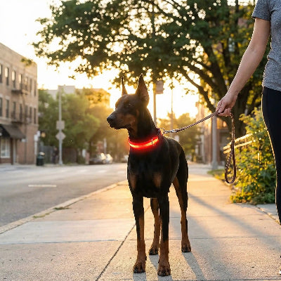 doberman majestueux porte collier lumineux pour chien promenade nocturne