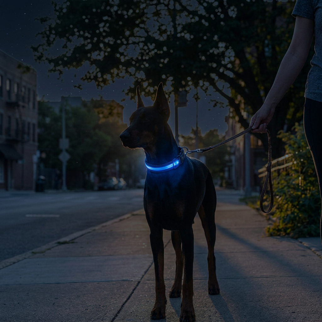 doberman porte collier lumineux pour chien bleu sur trottoir 