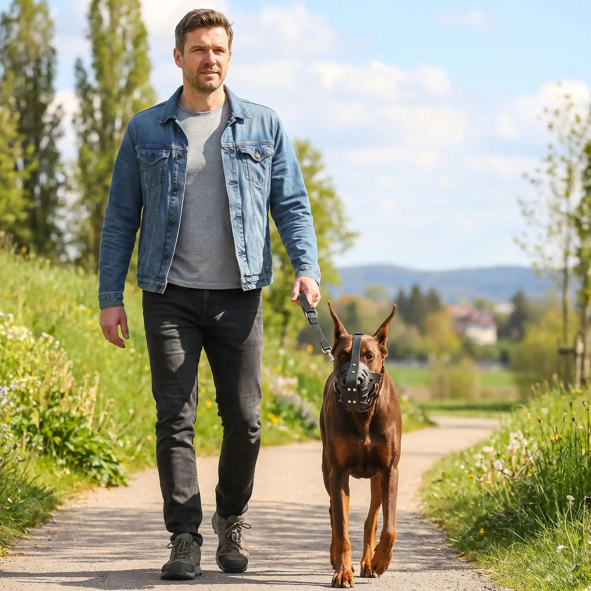 doberman porte muselière pour chien en promenade