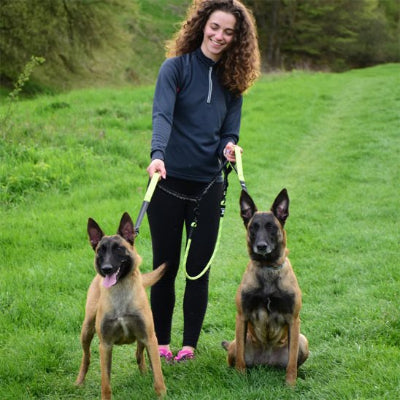double laisse pour chien solide avec deux malinois souriants