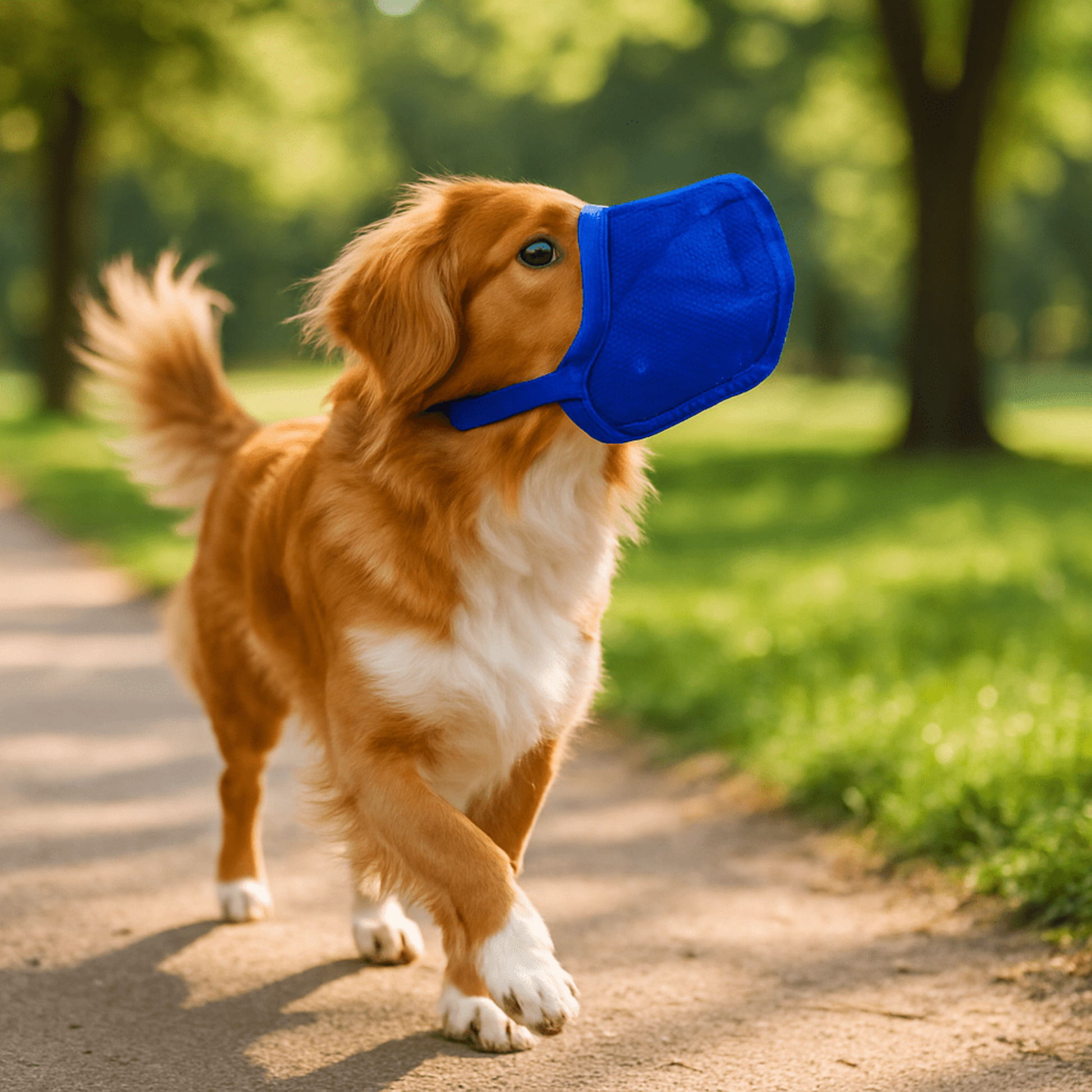 epagneul breton marche au parc equipe museliere chien bleu
