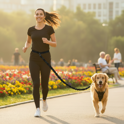 equippe une laisse canicross noire golden promene dans parc
