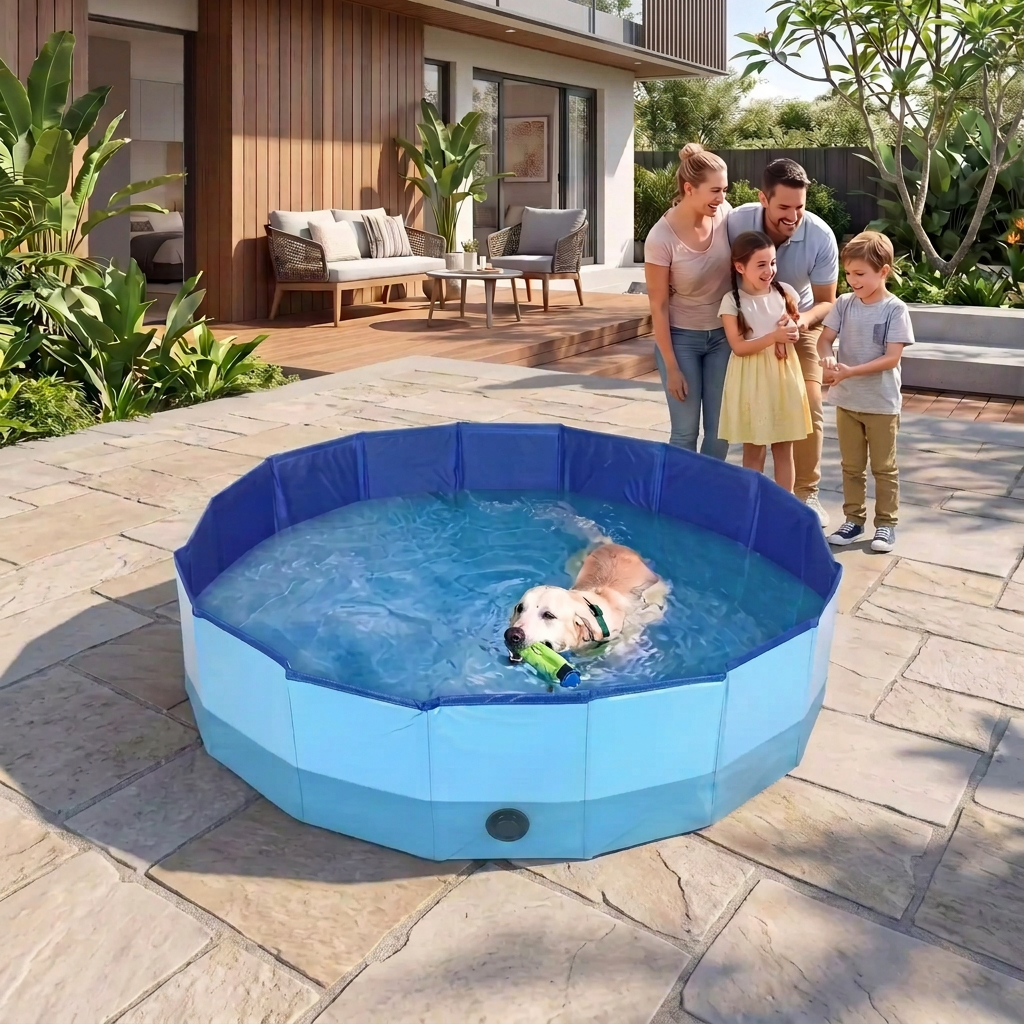 famille sur terrasse labrador dans piscine pour chien 