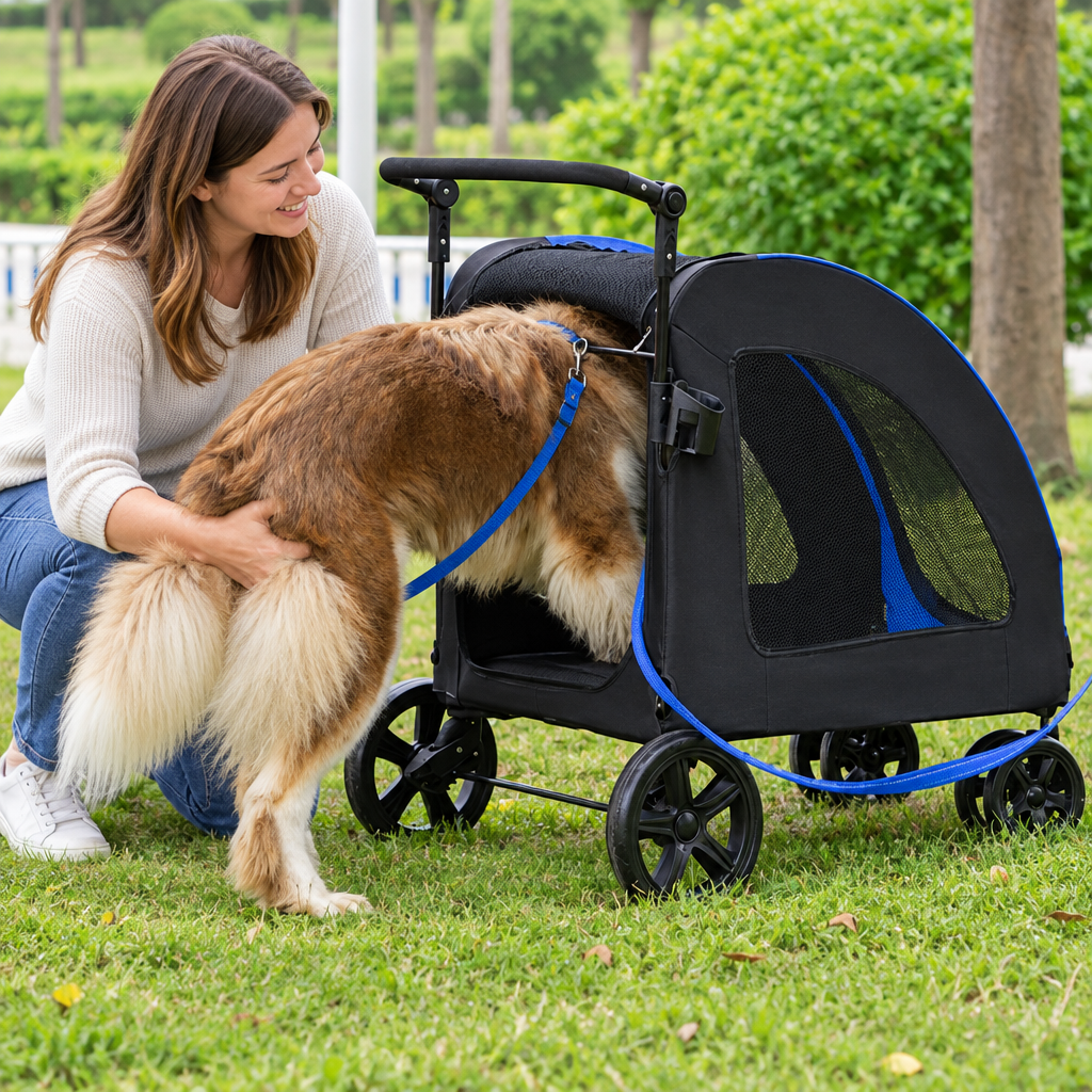 femme-aide-compagnon-monter-poussettes-pour-chiens-bleue-parc