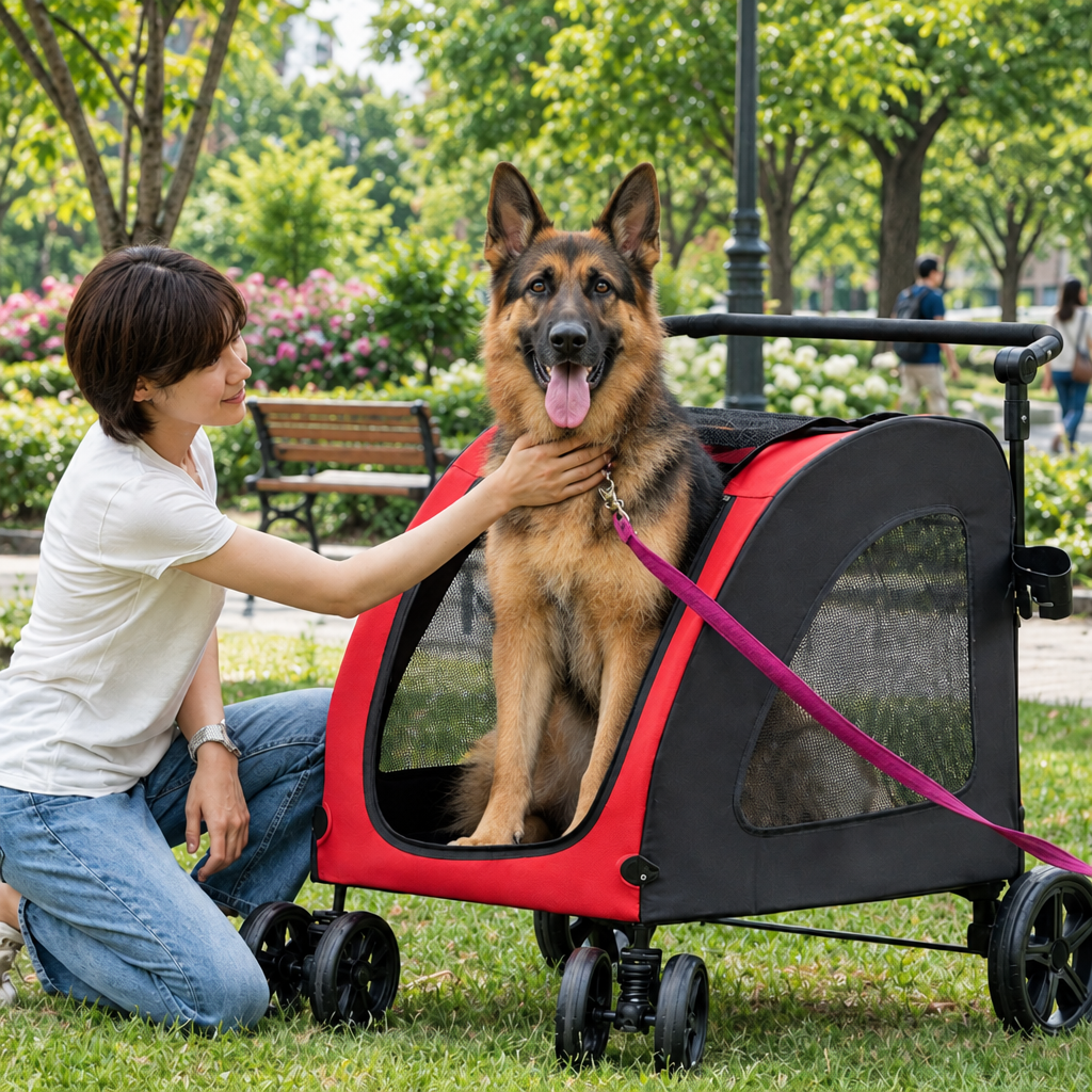 femme caressant berger allemand poussettes pour chiens rouge parc