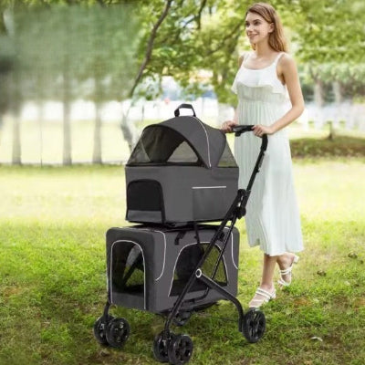 femme elegante promenant sa poussette a chien