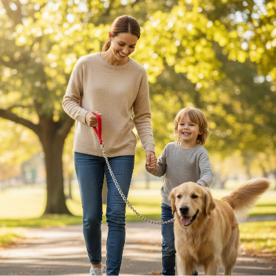 femme  enfant avec une laisse de chien rouge longueur 120 cm