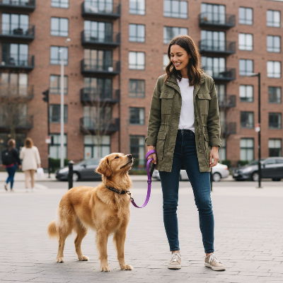Femme et chienne laisse courte violette devant immeuble