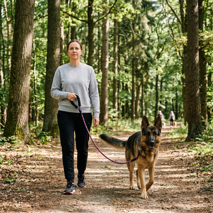 femme marche avec berger allemand forêt  avec laisse chien