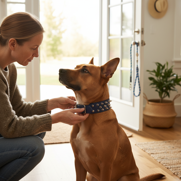 femme met collier chien clouté cuir bleu pour compagnon