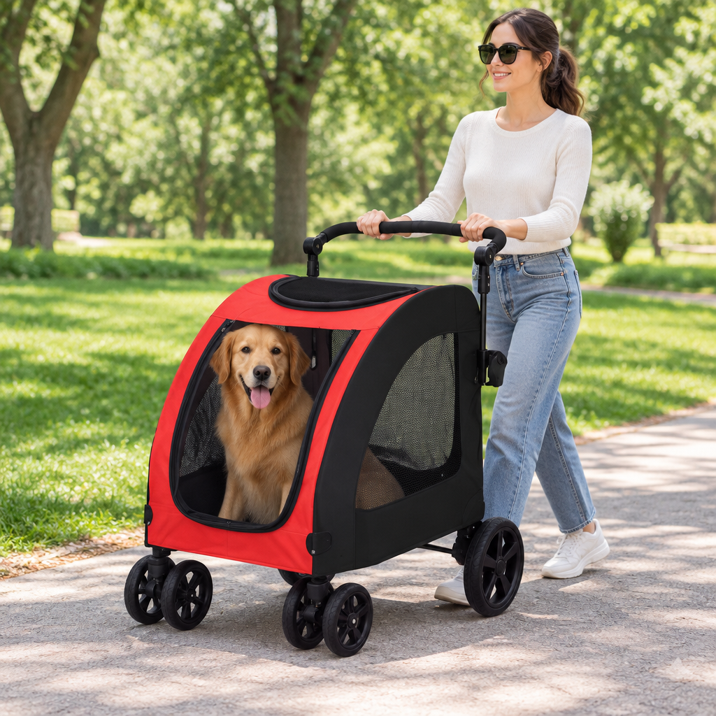 femme promene golden poussettes pour chiens rouge parc
